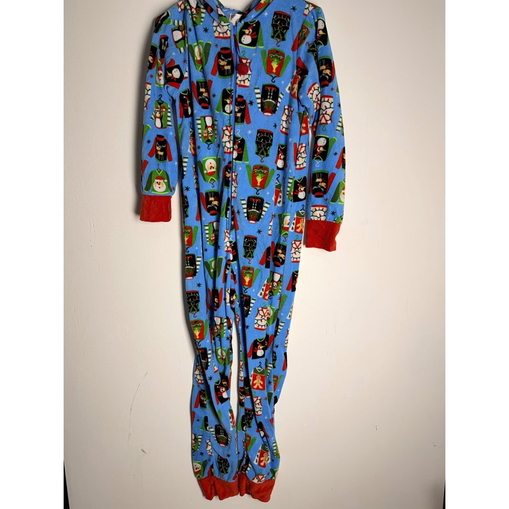 PJ Couture Christmas Fleece Union Suit Hooded Ugly Sweater Pajamas Blue Mens M